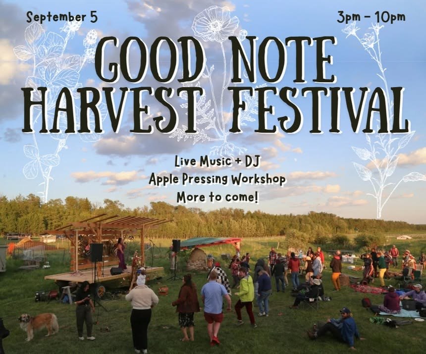 Good Note Harvest Festival poster: September 5, 3 to 10 PM, live music and DJ, apple pressing workshop, more to come