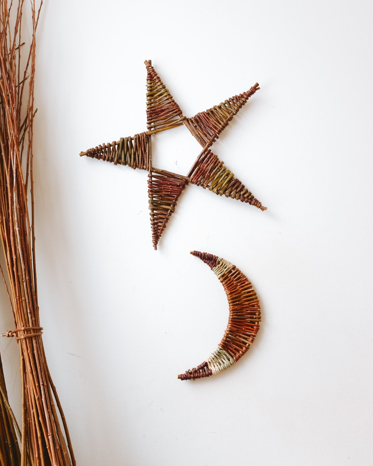 A woven willow moon and star